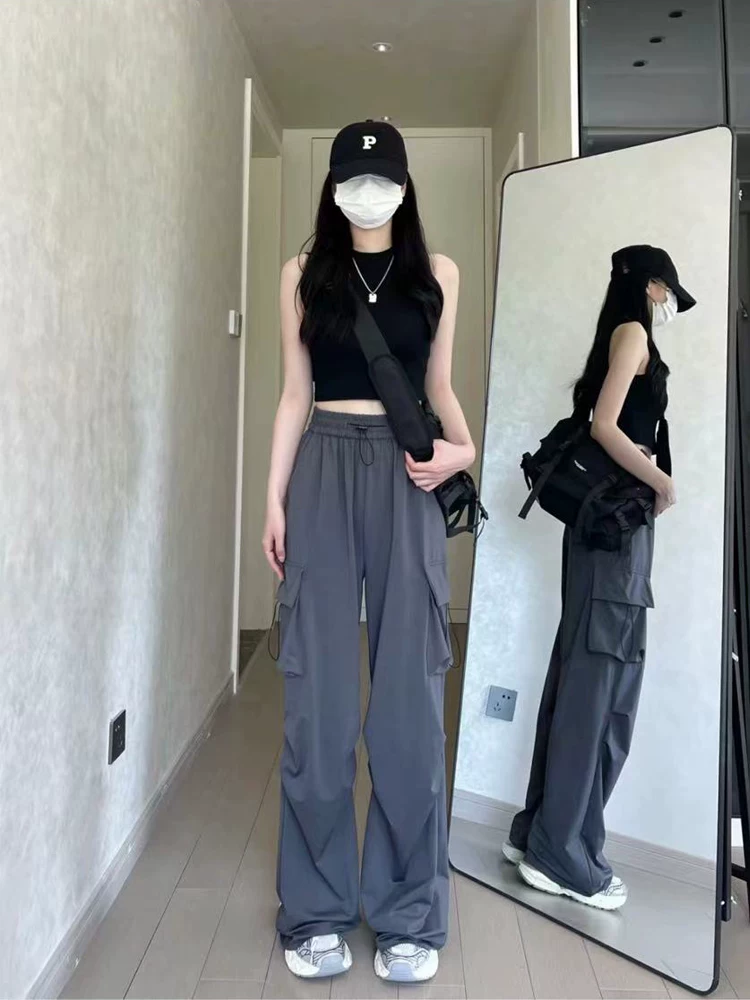 Quần cargo dáng lê dành cho nữ, kiểu dáng mùa hè mới, cỡ lớn, lưng cao, rộng rãi, che hông, tôn dáng, quần ống rộng kiểu jogger, phong cách thường ngày.