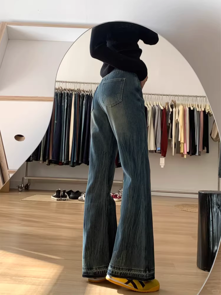 Quần jean xanh vintage dáng loe dành cho nữ, mùa thu đông, lót lông cừu, dày dặn, size lớn, cạp cao, rộng rãi, che hông, tôn dáng, quần ống rộng.