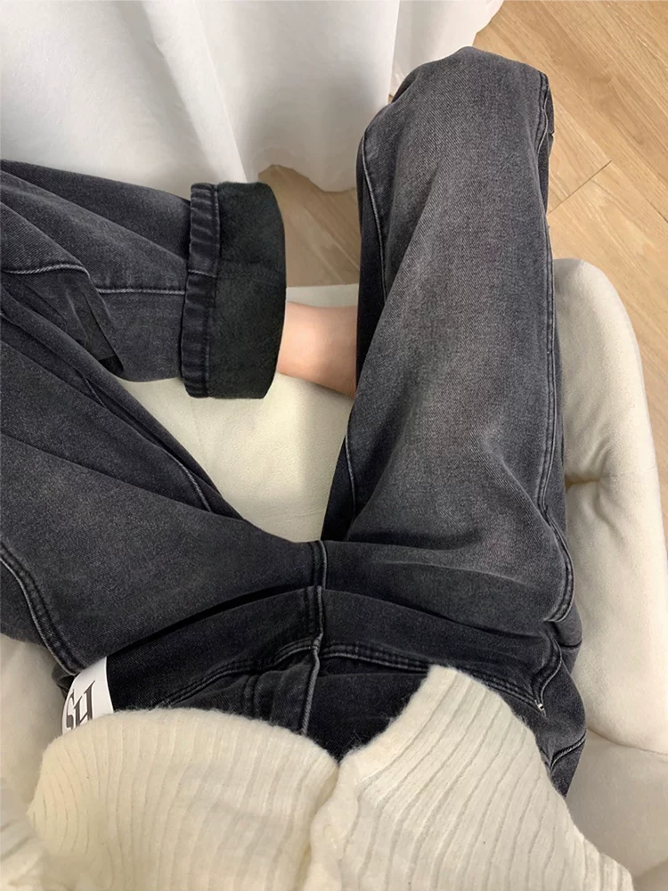 Quần jean ống đứng màu đen và xám dành cho nữ, mùa đông, cỡ lớn, lót lông cừu, dày dặn, cạp cao, rộng rãi, che hông, giảm béo, quần ống rộng.