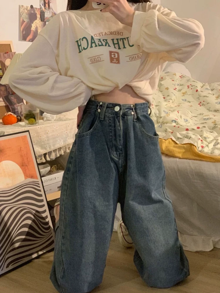 Quần jean ống thẳng dáng quả lê dành cho nữ, phong cách đầu thu, cỡ lớn, lưng cao, dáng rộng, che hông, giảm béo, ống rộng, quần dài chạm sàn