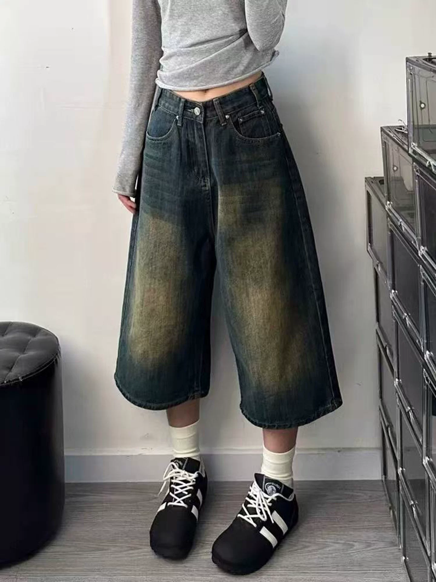 Quần short denim ống rộng kiểu Mỹ cổ điển dành cho nữ, cỡ lớn mùa hè, cạp cao, dáng rộng, tôn dáng, ống thẳng, quần dài vừa phải.