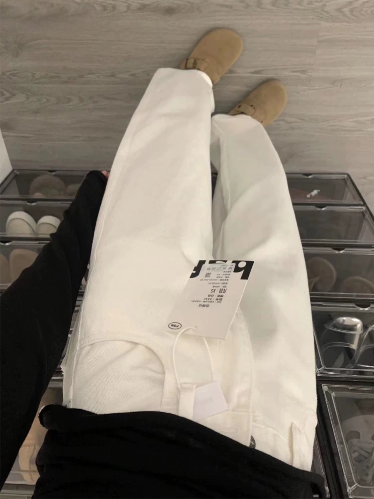 Quần jeans trắng ống đứng nữ thu đông 2024 lót lông dày dặn, size lớn, cạp cao, dáng rộng, tôn dáng