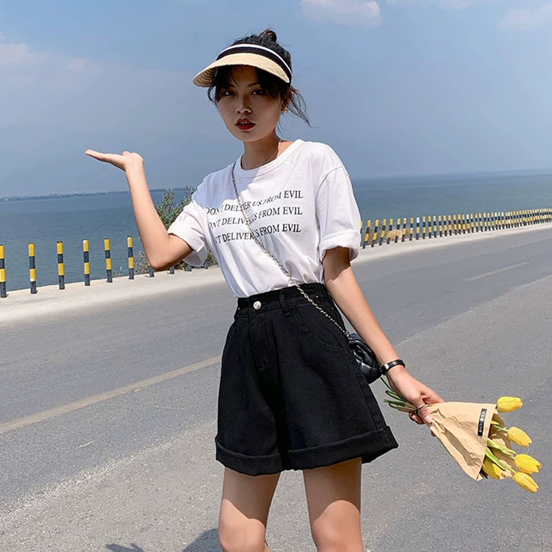 Quần short denim trắng dáng quả lê dành cho nữ, size lớn mùa hè, cạp cao, dáng rộng, tôn dáng, quần ống rộng dáng chữ A năm điểm