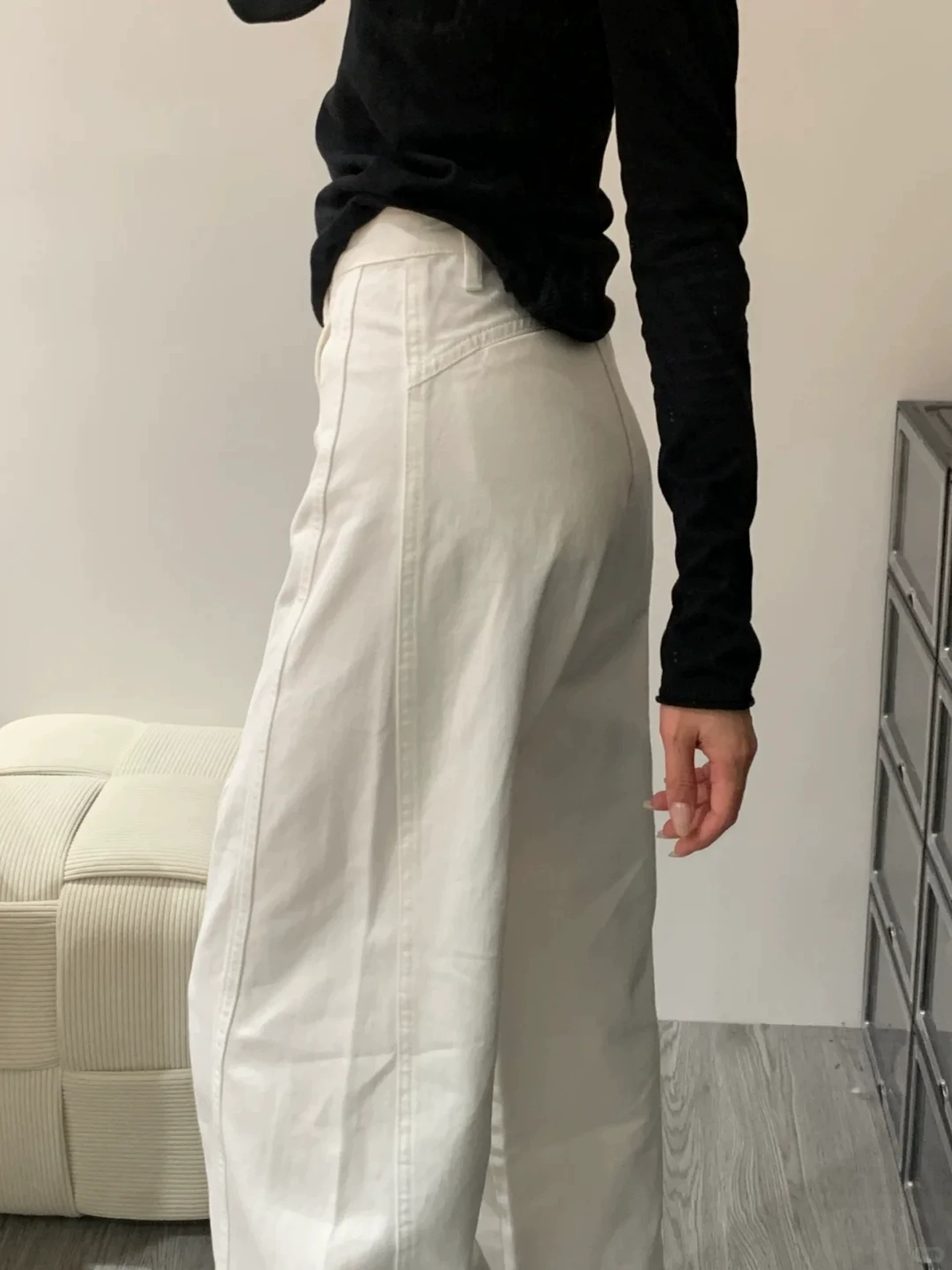 Quần jean trắng ống thẳng cho nữ, mùa thu, cỡ lớn, lưng cao, dáng rộng, giảm béo, dáng quả lê, quần ống rộng