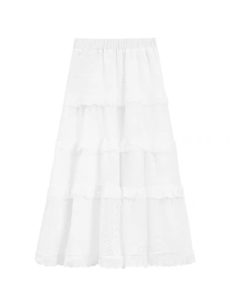 Váy tutu ren trắng cho nữ mùa hè 2025, size lớn, cạp cao, dáng chữ A, dài qua gối, kiểu bánh bèo, tôn dáng