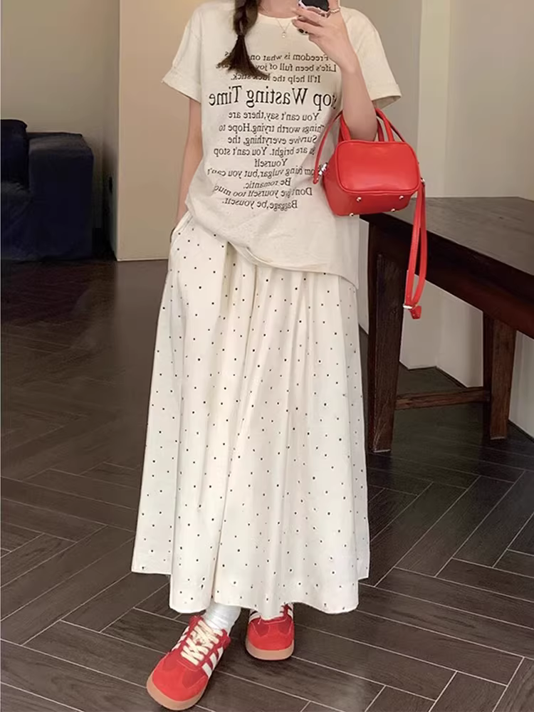 Váy chấm bi trắng cho nữ, cỡ lớn mùa hè, lưng cao, che hông, giảm béo, dáng quả lê, váy chữ A dài vừa phải.