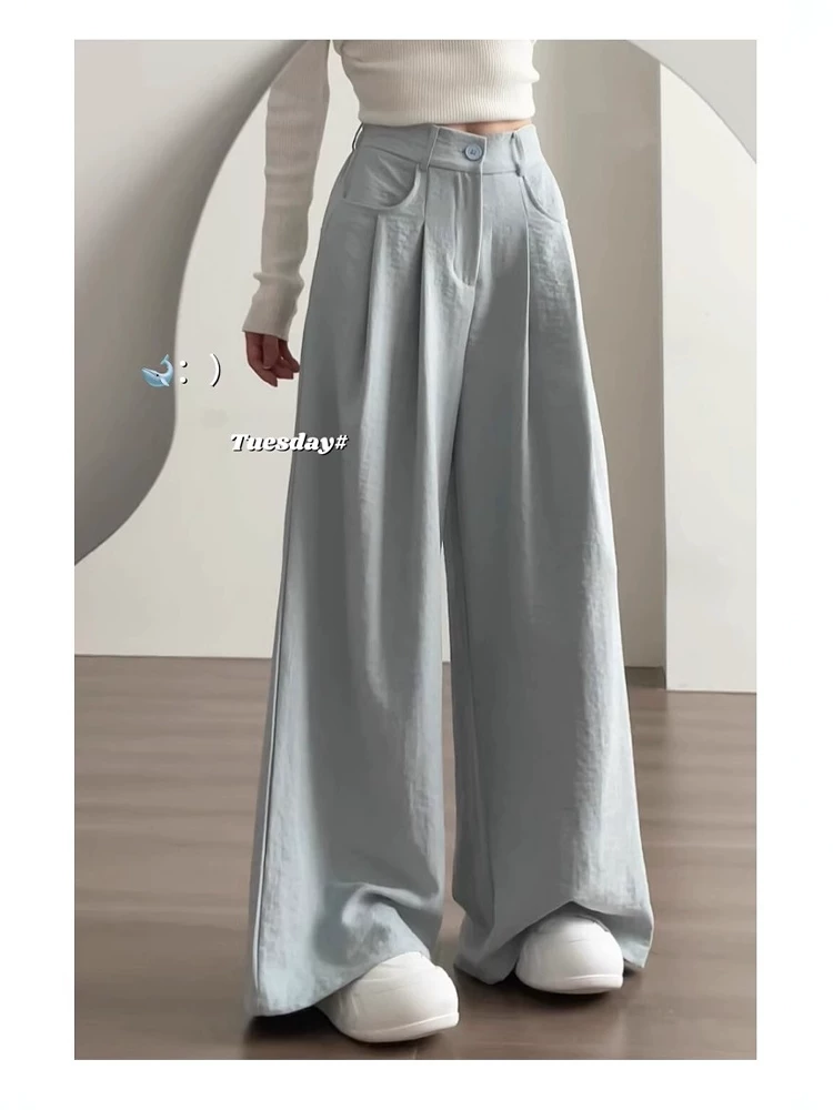 Quần Yamamoto màu trắng dành cho nữ, kiểu dáng mỏng mùa hè, cỡ lớn, lưng cao, dáng suôn, tôn dáng, dáng quả lê, quần dài ống rộng thường ngày.