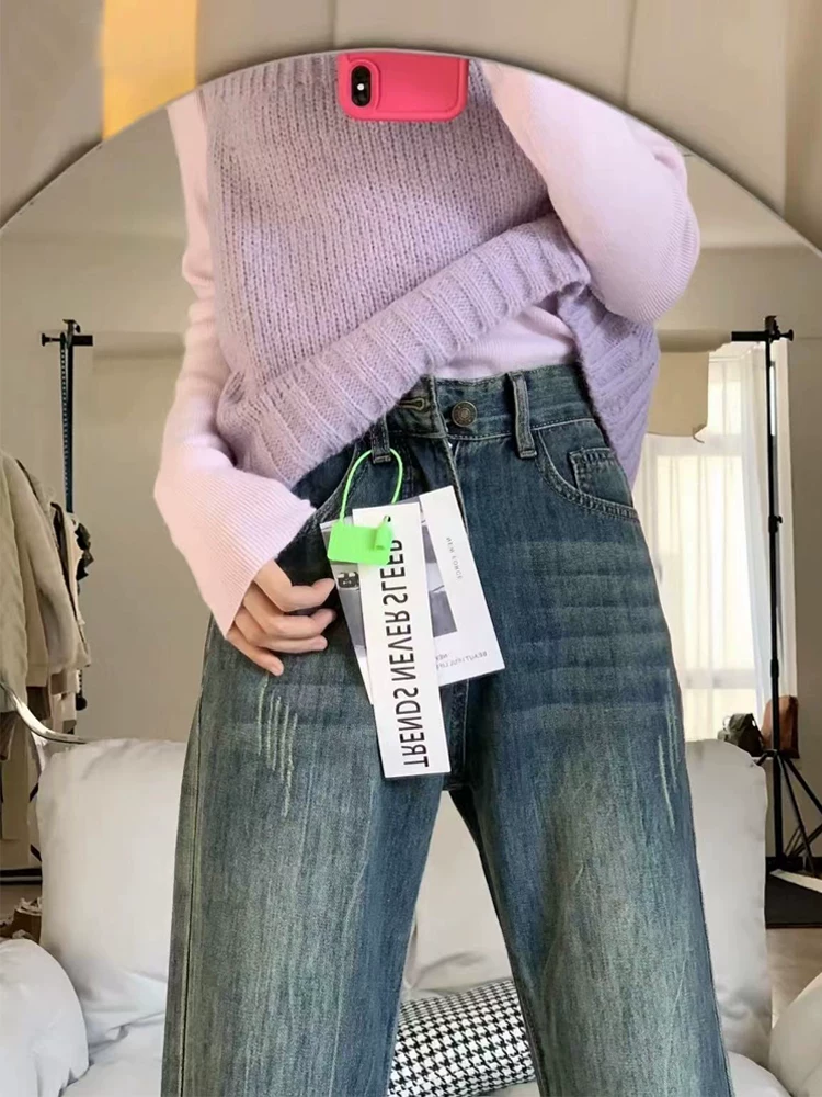 Quần jean ống rộng màu xanh cổ điển dành cho nữ, cỡ lớn, phong cách đầu xuân, lưng cao, dáng rộng, tôn dáng, không bó sát, kiểu quần bootcut.