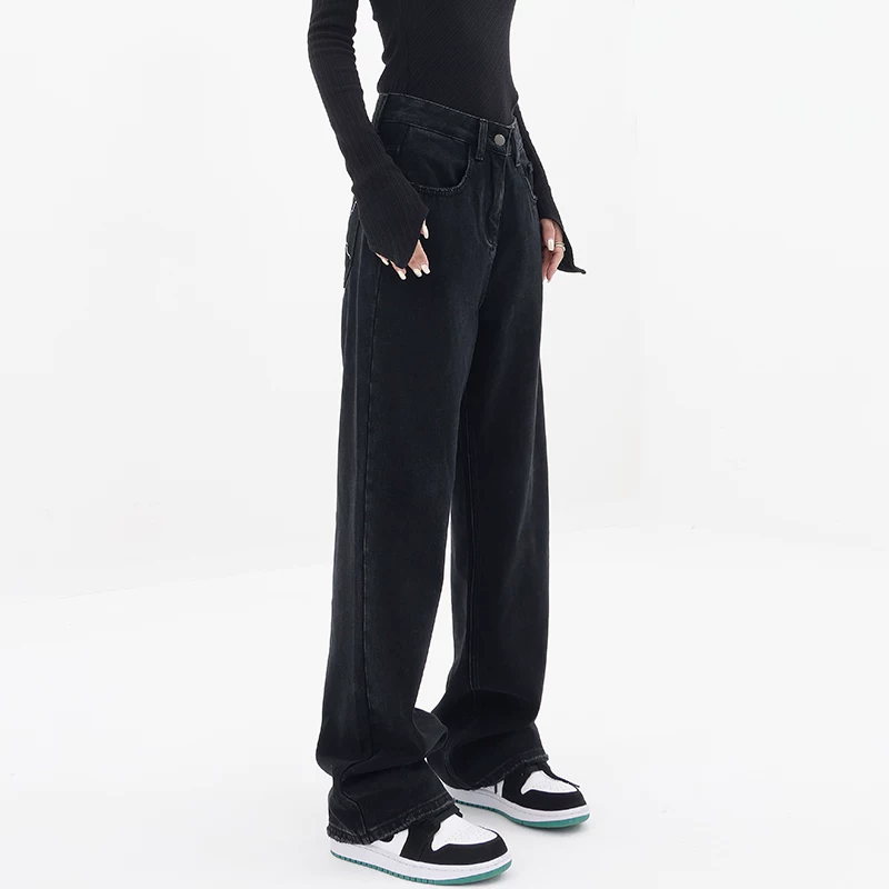 Quần jean ống thẳng lót lông cừu mùa thu đông dành cho nữ cỡ lớn, cạp cao, dáng rộng, che hông, giảm béo, mềm mại, ống rộng, quần dài đến sàn.