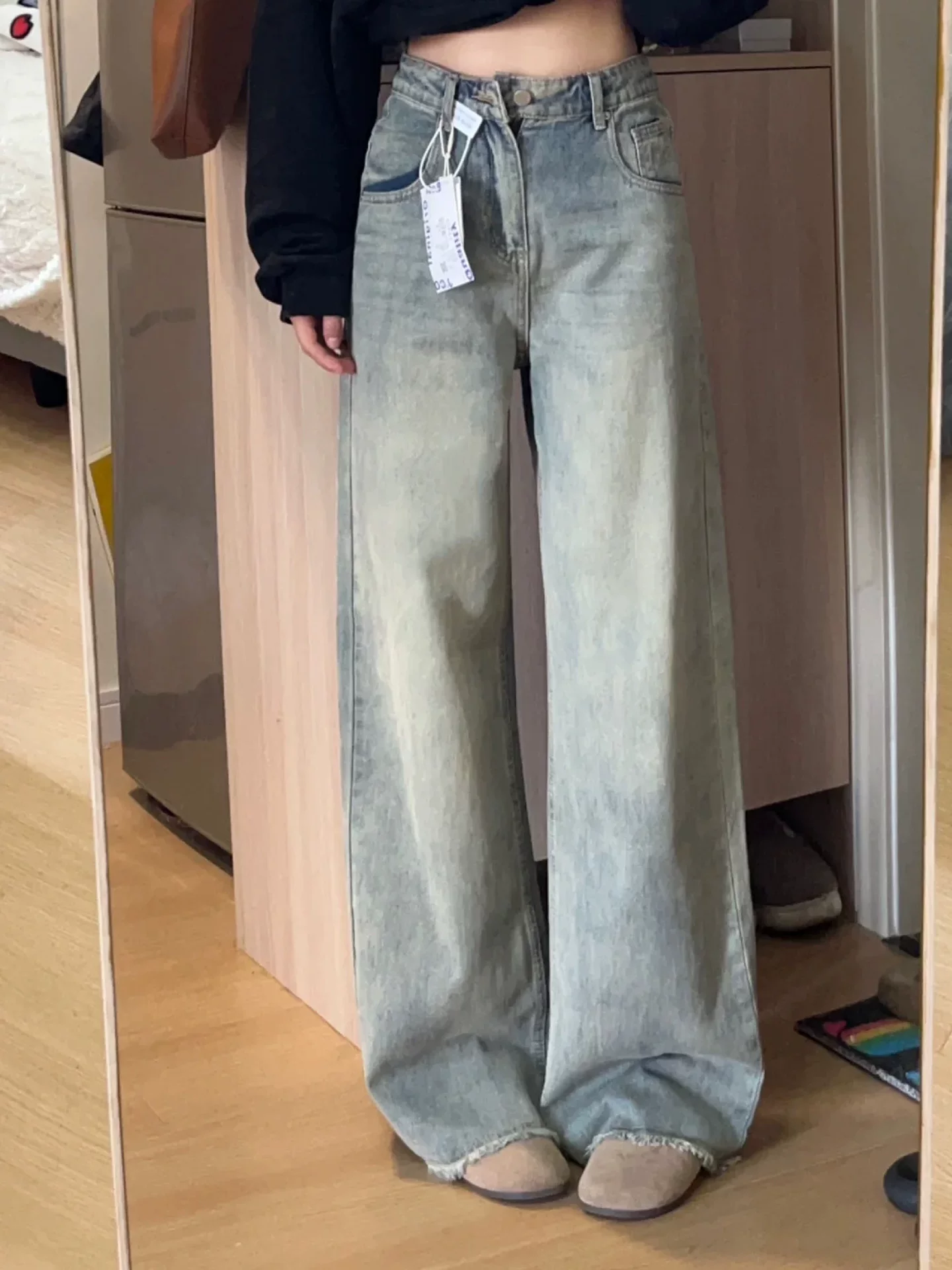 Quần jean ống rộng tua rua cổ điển dành cho nữ, phong cách mùa thu mới, cỡ lớn, lưng cao, dáng rộng, mềm mại, quần ống thẳng giúp thon gọn