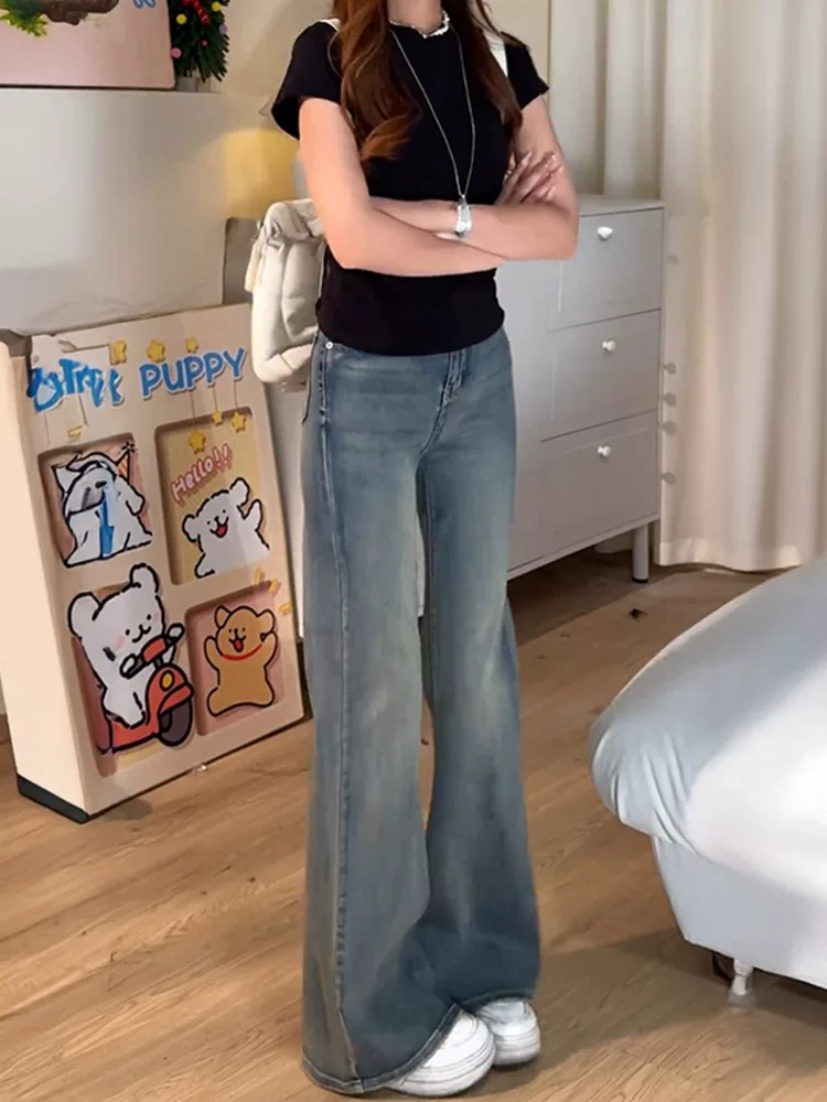 Quần jean xanh vintage dáng loe dành cho nữ, size lớn mùa hè, cạp cao, co giãn, che hông, tôn dáng, dành cho người có dáng quả lê, quần ống chuông