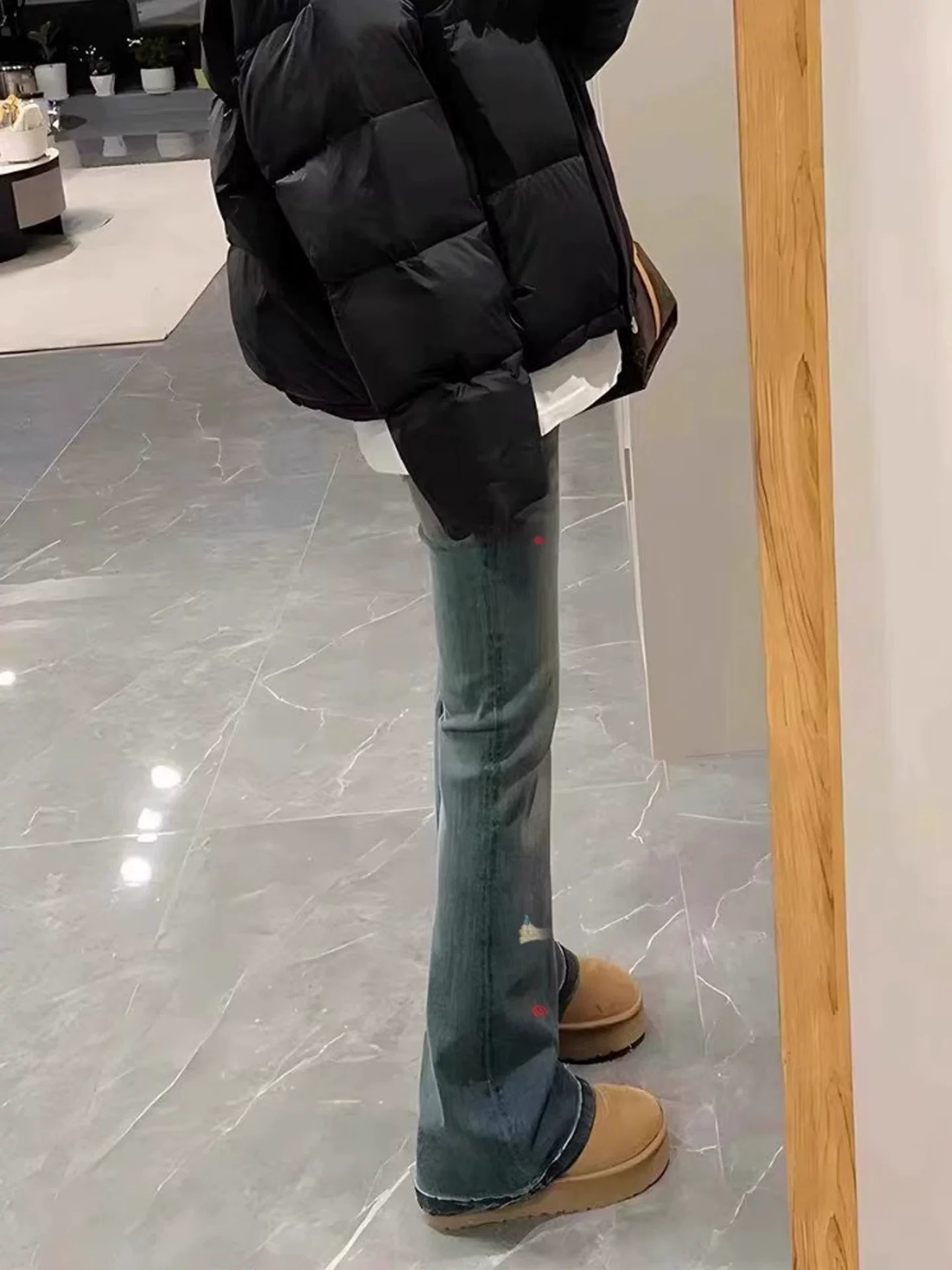 Quần jean ống đứng thêu hình chó cổ điển dành cho nữ, mùa thu, cỡ lớn, lưng cao, co giãn, che hông, quần ống loe giảm béo