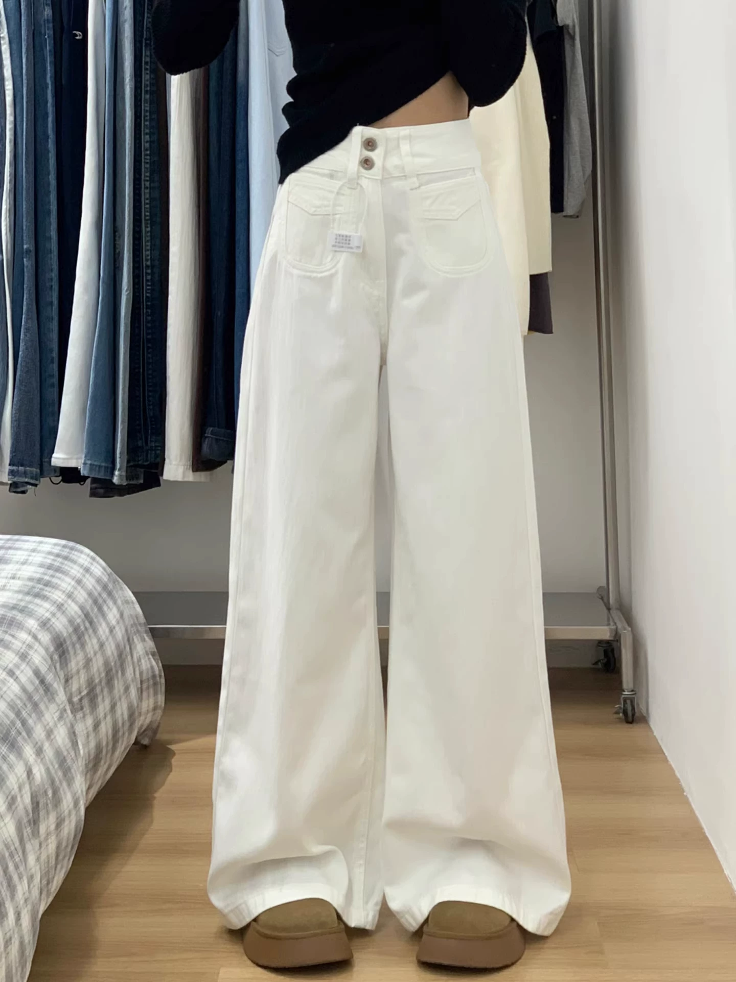 Quần jean ống rộng màu trắng dành cho nữ, mùa thu đông, lót lông cừu, dày, cỡ lớn, lưng cao, dáng rộng, giảm béo, ống thẳng, quần dài đến sàn.