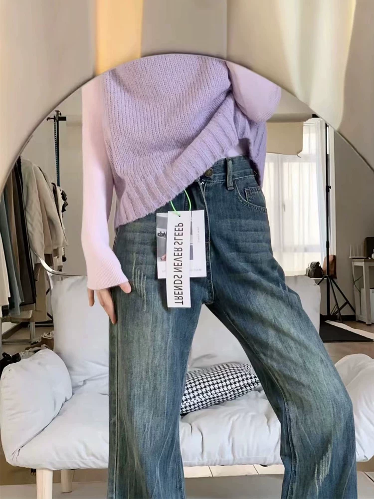 Quần jean ống rộng màu xanh cổ điển dành cho nữ, cỡ lớn, phong cách đầu xuân, lưng cao, dáng rộng, tôn dáng, không bó sát, kiểu quần bootcut.