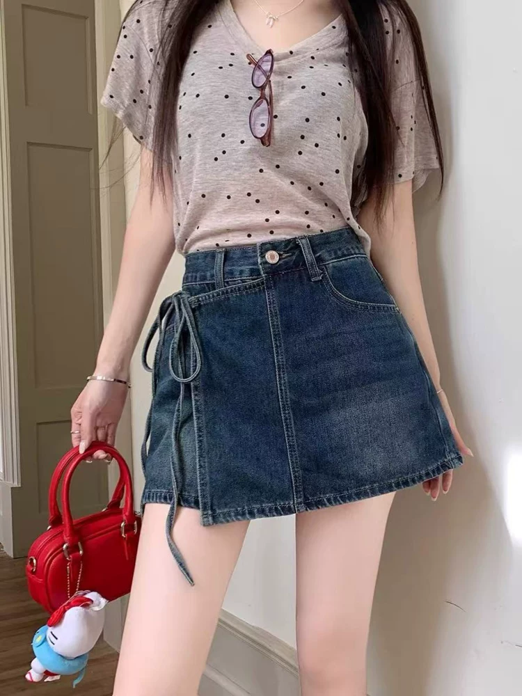 Váy denim dành cho nữ, phong cách mùa hè, cỡ lớn, lưng cao, che hông, thon gọn, dáng bất quy tắc, quần váy ngắn bodycon chữ A.