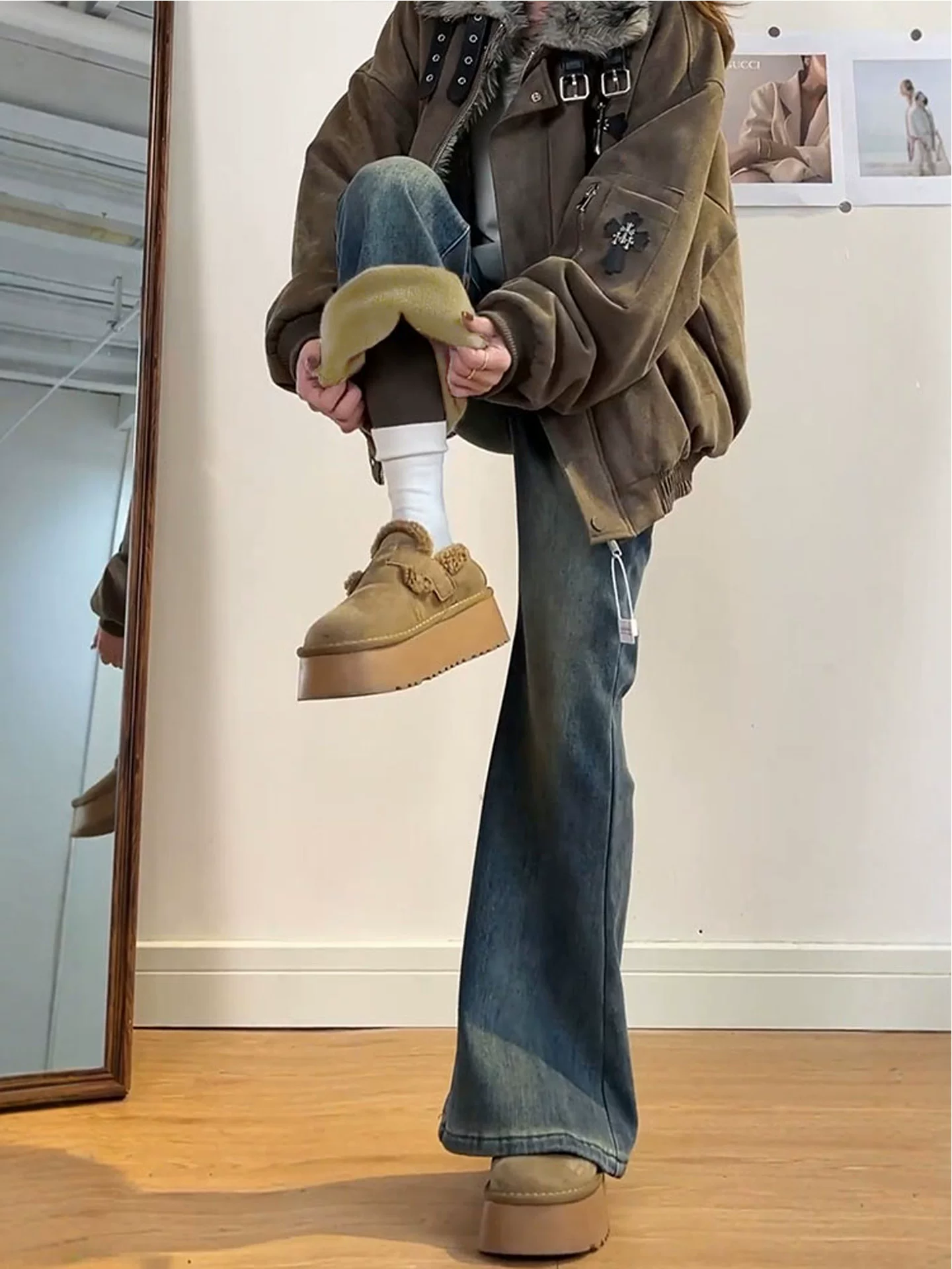 Quần jean bootcut nhung xanh cổ điển dành cho nữ trong mùa đông, cỡ lớn, eo cao, co giãn, tạo vẻ thon gọn, dáng quả lê, quần ống loe