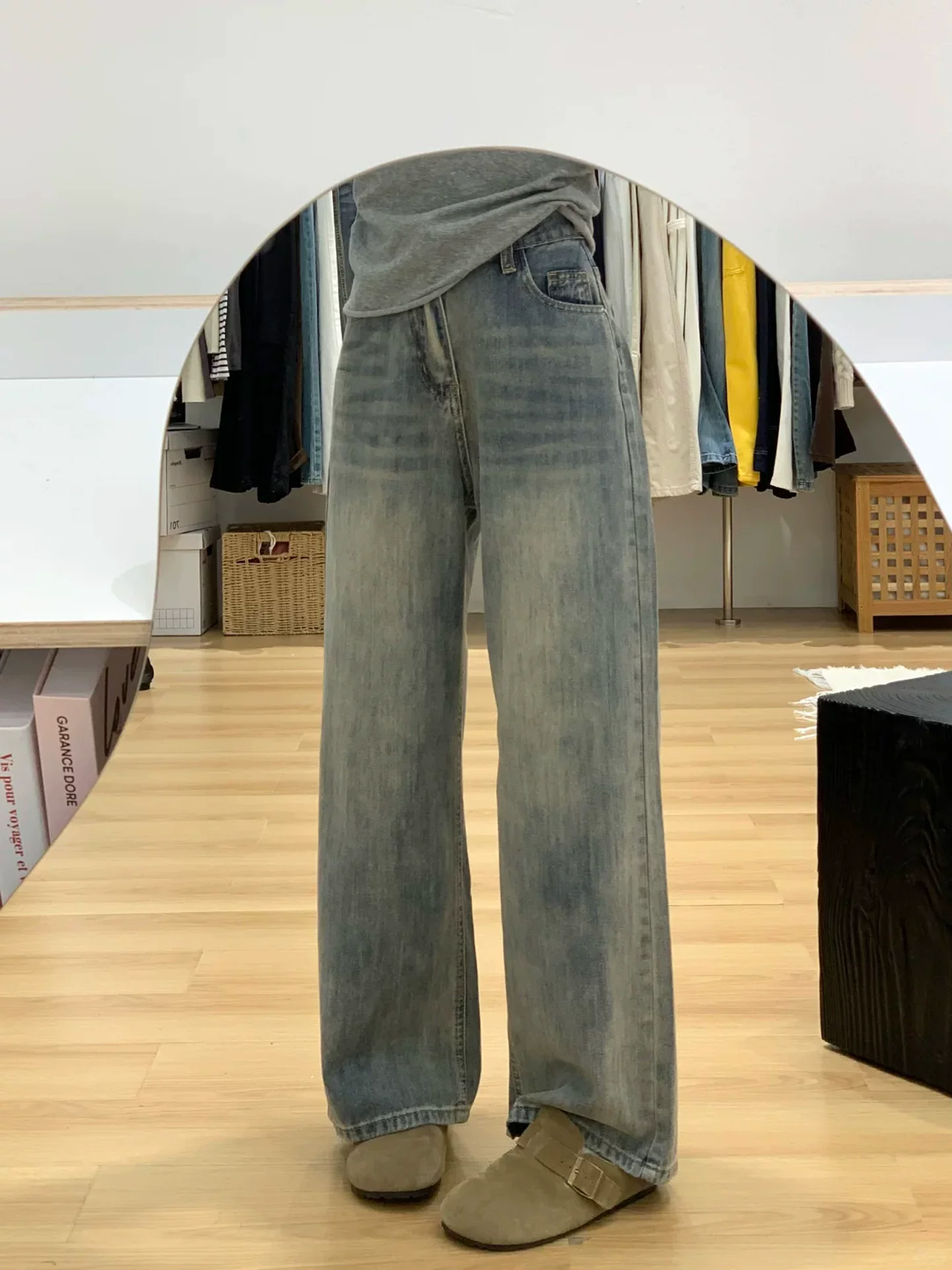 Quần jean ống đứng màu xanh cổ điển dành cho nữ, phong cách đầu thu, cỡ lớn, lưng cao, dáng rộng, tôn dáng, dáng quả lê, quần ống rộng