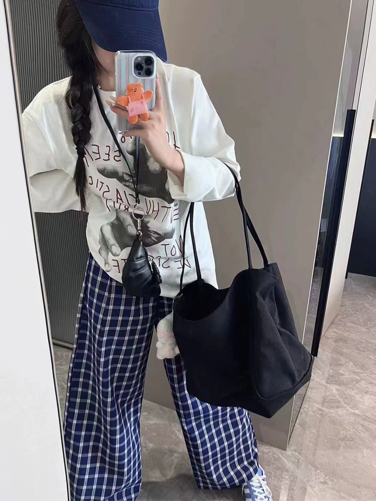 Quần âu kẻ sọc xanh cổ điển dành cho nữ, đầu thu, cỡ lớn, lưng cao, dáng suôn, tôn dáng, dáng thẳng, ống rộng, quần dài chạm sàn