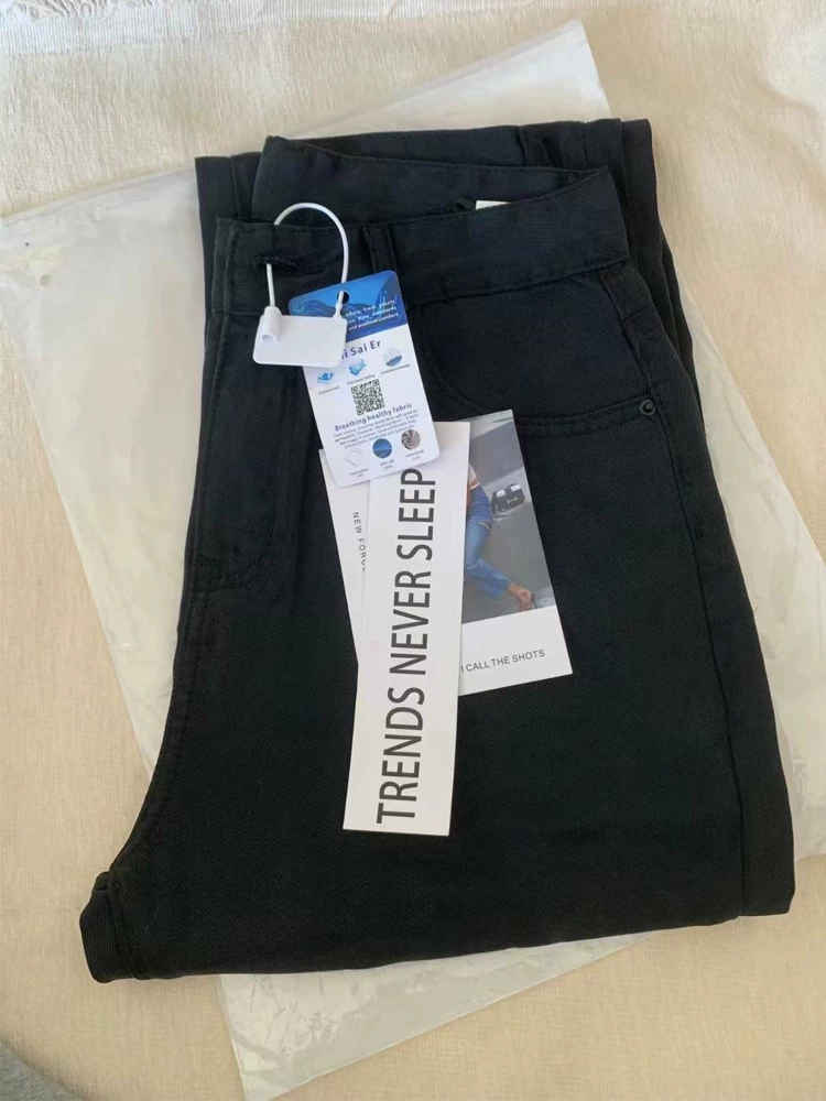 Quần jean đen Tencel ống thẳng, kiểu dáng mỏng mùa hè dành cho nữ cỡ lớn, cạp cao, tôn dáng, chất liệu lụa đá, quần ống rộng dài chạm sàn