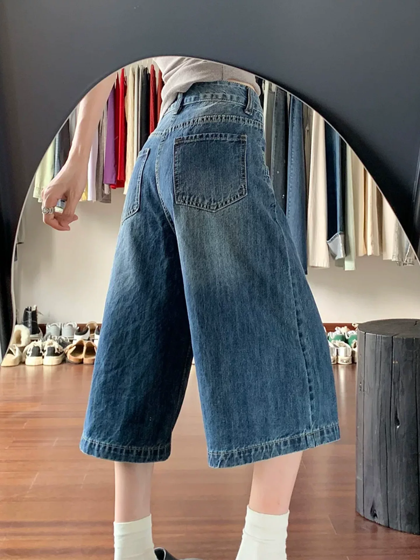 Quần jean xanh đậm dành cho nữ, cỡ lớn mùa hè, cạp cao, dáng rộng, tôn dáng, quần ống rộng dài vừa phải.