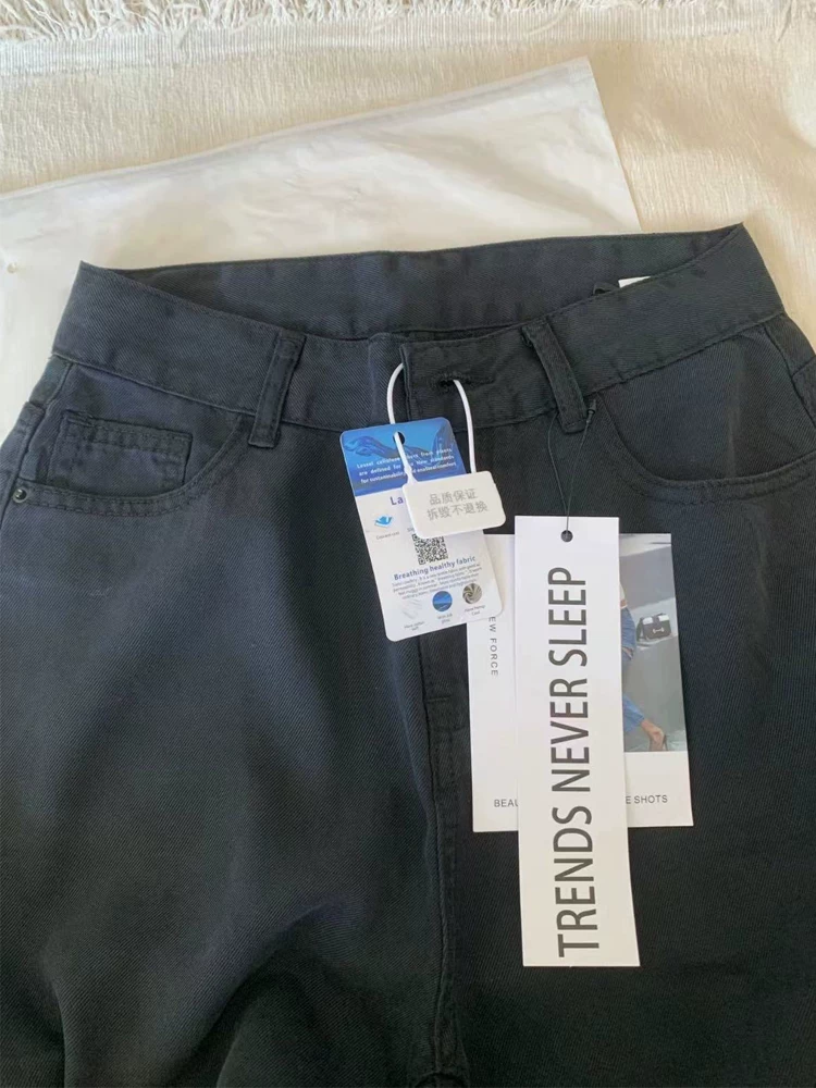 Quần jean đen Tencel ống thẳng, kiểu dáng mỏng mùa hè dành cho nữ cỡ lớn, cạp cao, tôn dáng, chất liệu lụa đá, quần ống rộng dài chạm sàn