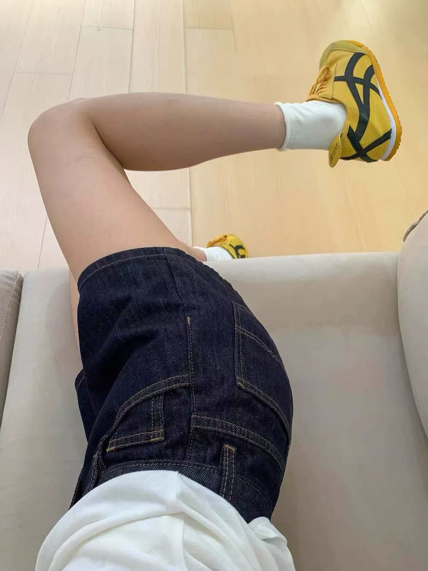 Quần short denim ống rộng màu xanh đậm dành cho nữ, cỡ lớn mùa hè, lưng cao, thon gọn, dáng quả lê, quần ống đứng chữ A.