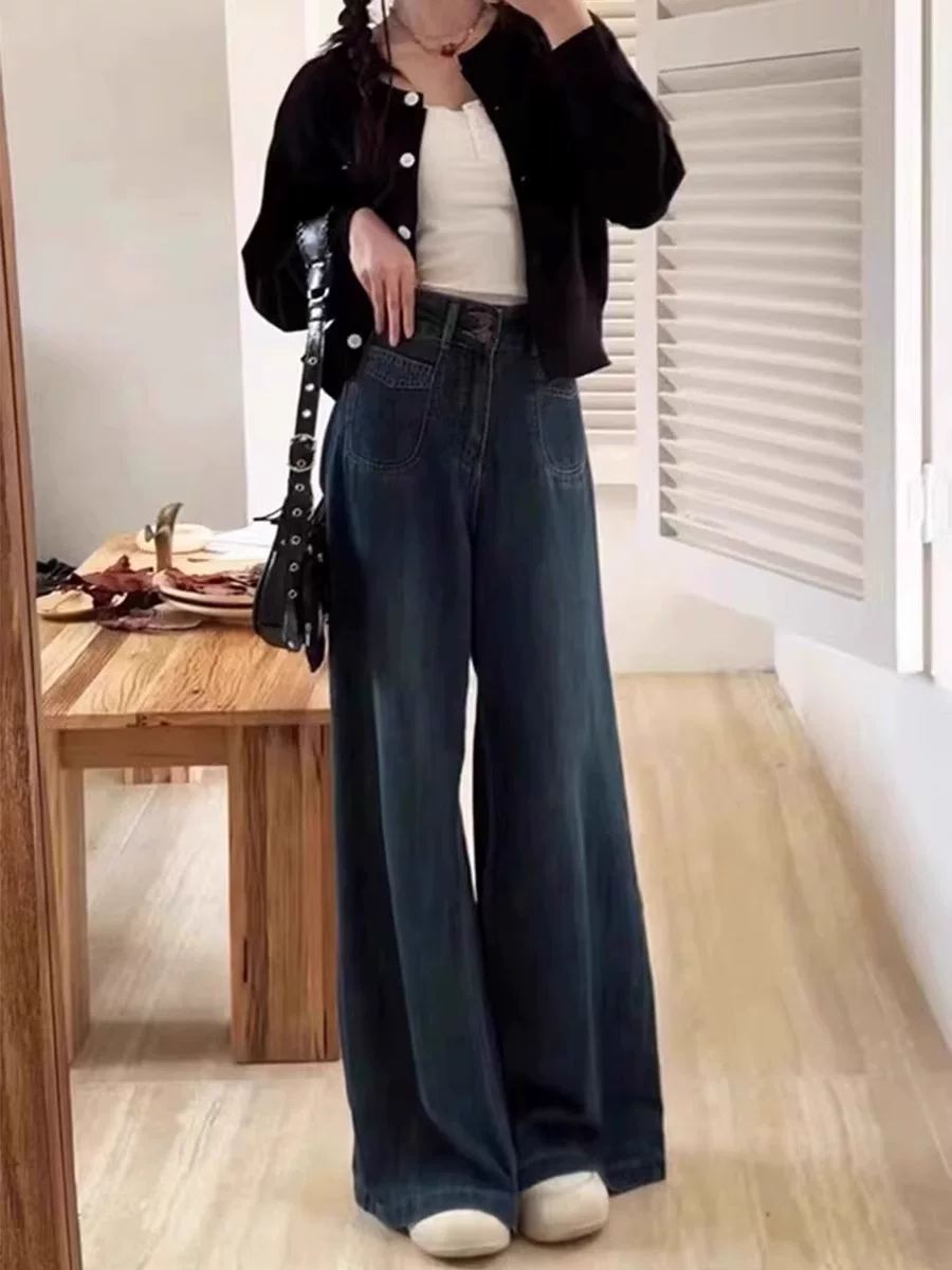 Quần jean ống rộng kiểu dáng lười biếng dành cho nữ, cỡ lớn, kiểu dáng mùa thu mới dành cho người có thân hình quả lê, lưng cao, dáng rộng, dáng thon gọn, quần dài đến sàn