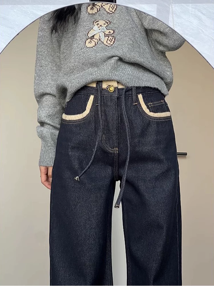Quần jean ống đứng dày màu xanh đậm lót lông cừu dành cho nữ, cỡ lớn mùa đông, cạp cao, giảm béo, tăng chiều cao, quần ống rộng rộng rãi.