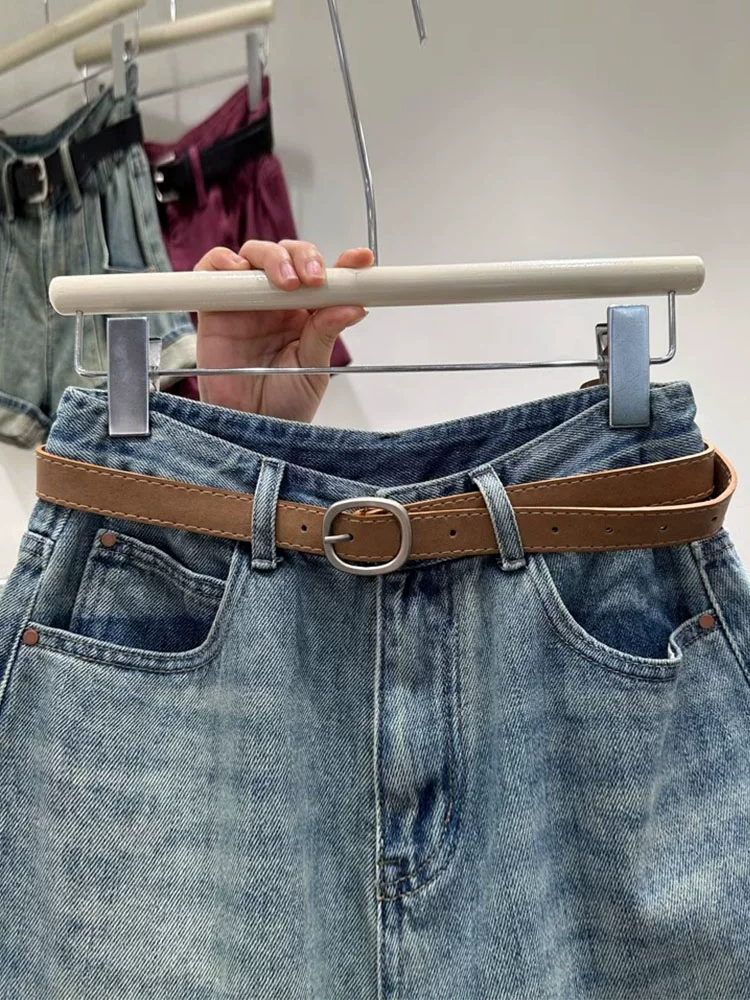 Quần short denim xẻ tà màu xanh cổ điển hình quả lê dành cho nữ, cỡ lớn mùa hè, cạp cao, quần ống rộng chữ A giảm béo, hợp thời trang.