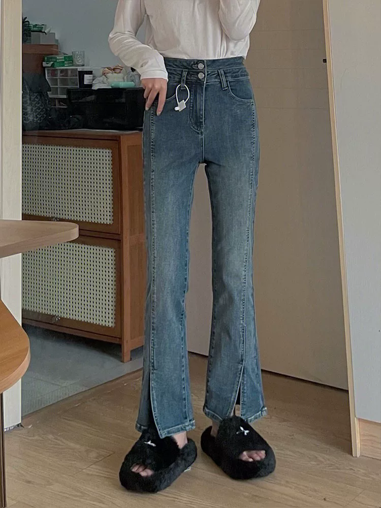 Quần jean xẻ tà hình quả lê dành cho nữ, phong cách đầu thu, cỡ lớn, lưng cao, giảm béo, co giãn, quần ống đứng.