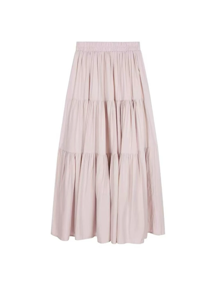 Váy trắng nửa thân cho nữ, hè 2025, size lớn, cạp cao, dáng chữ A xếp tầng, dài ngang đùi, kiểu xòe bồng bềnh.