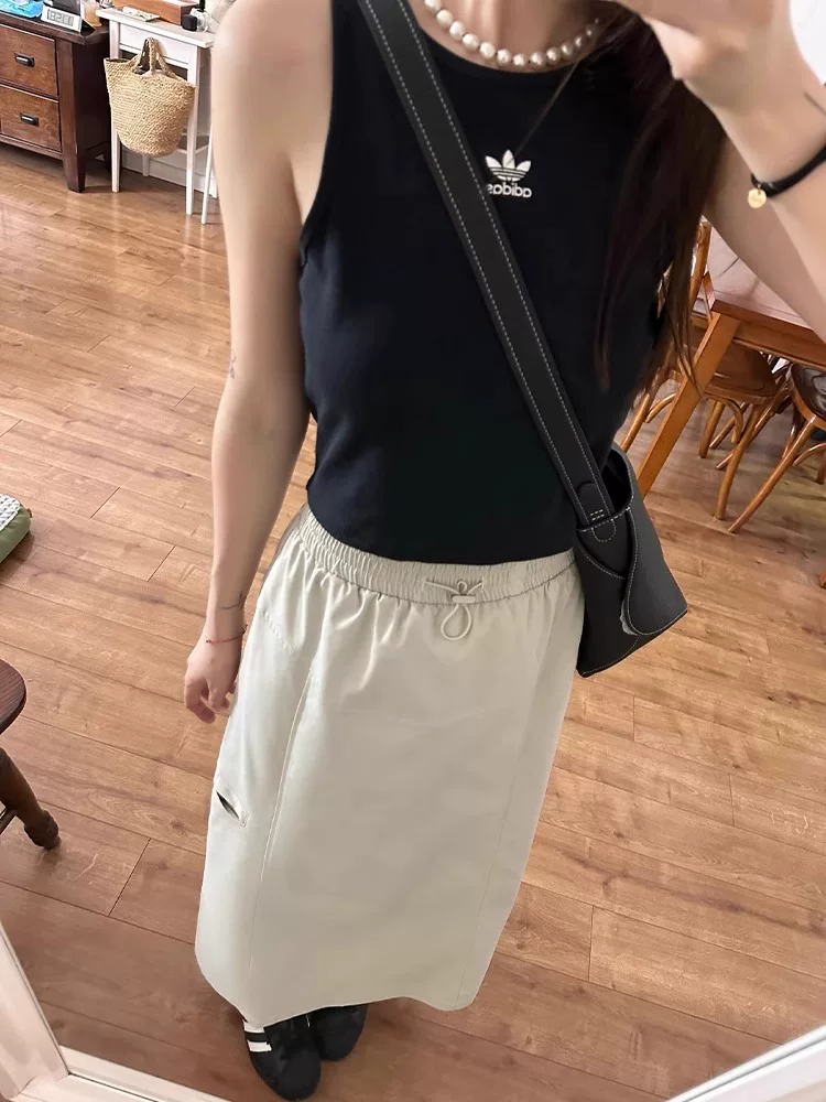 Váy công sở thông thường của Mỹ dành cho nữ, kiểu dáng mỏng mùa hè, cỡ lớn, lưng cao, che hông, giảm béo, váy chữ A dài vừa phải.