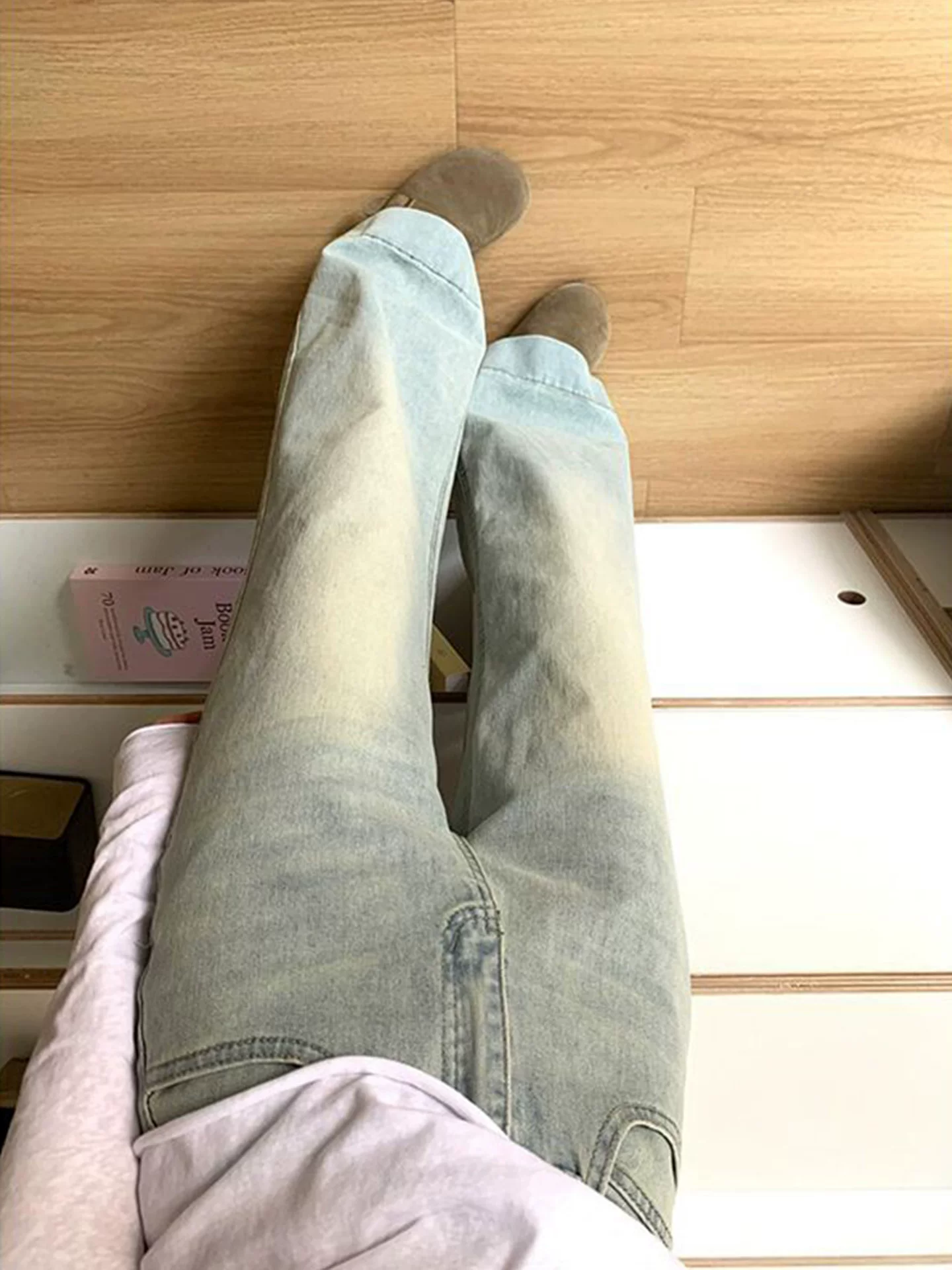 Quần jean ống loe thẳng màu sáng dành cho nữ, đầu thu, cỡ lớn, lưng cao, dáng rộng, co giãn, thon gọn, quần ống chuông nhỏ nhắn