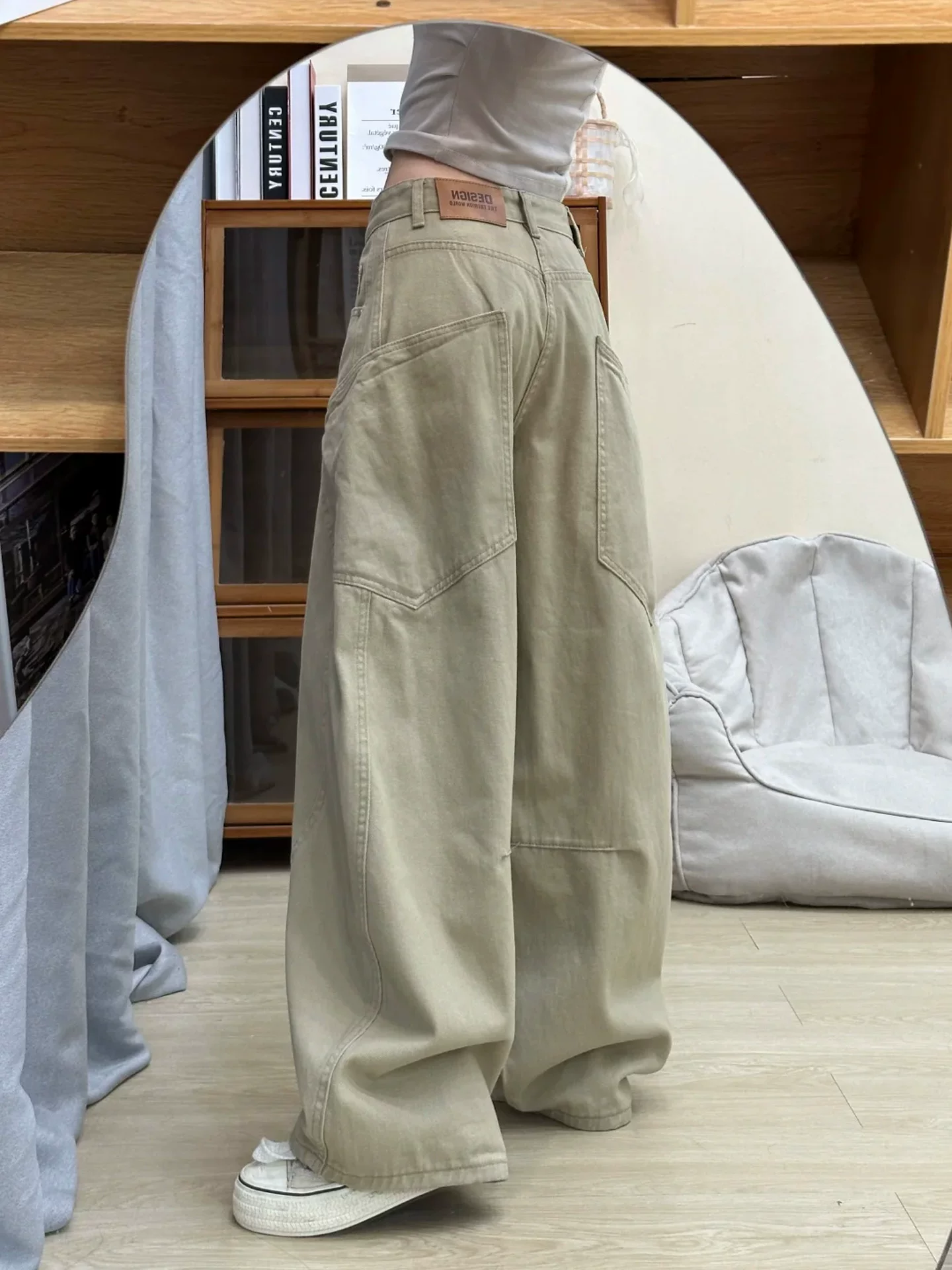 Quần jean kiểu Mỹ cổ điển màu kaki dành cho nữ, mùa thu 2025, size lớn, cạp cao, dáng rộng, tôn dáng, quần ống rộng