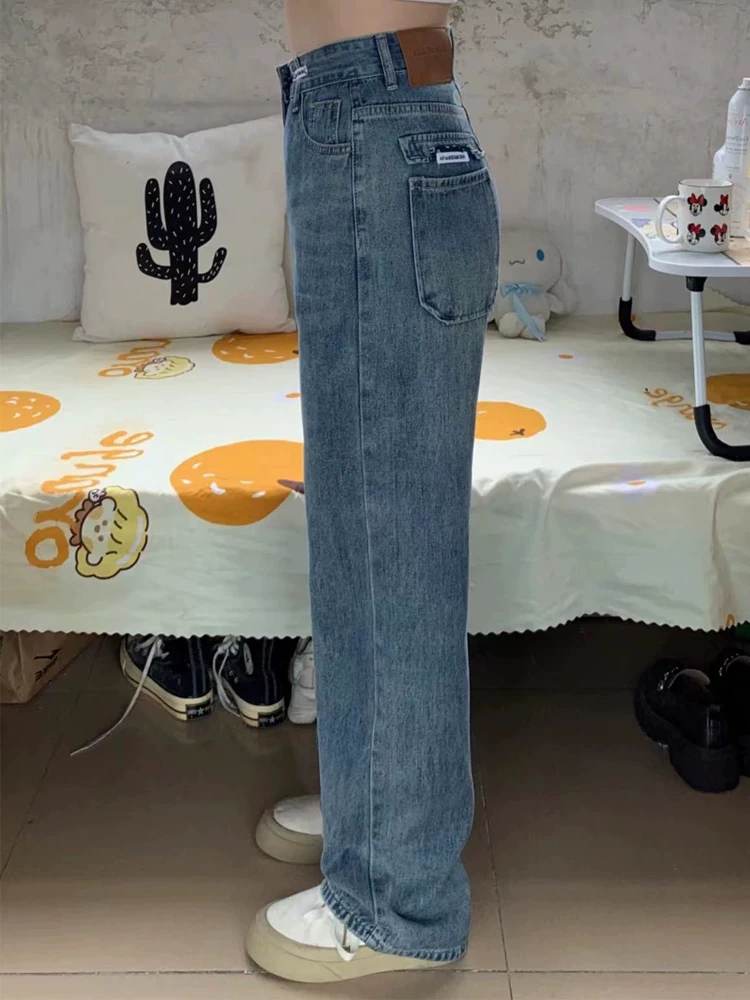 Quần jean ống thẳng dáng quả lê dành cho nữ, kiểu dáng thu sớm cỡ lớn, cạp cao, dáng rộng, che hông, quần ống rộng giúp thon gọn.