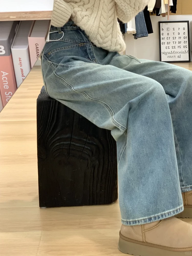 Quần jeans kiểu Mỹ cổ điển dáng scimitar dành cho nữ xuân 2025, size lớn, cạp cao, tôn dáng, ống rộng, dài chấm đất