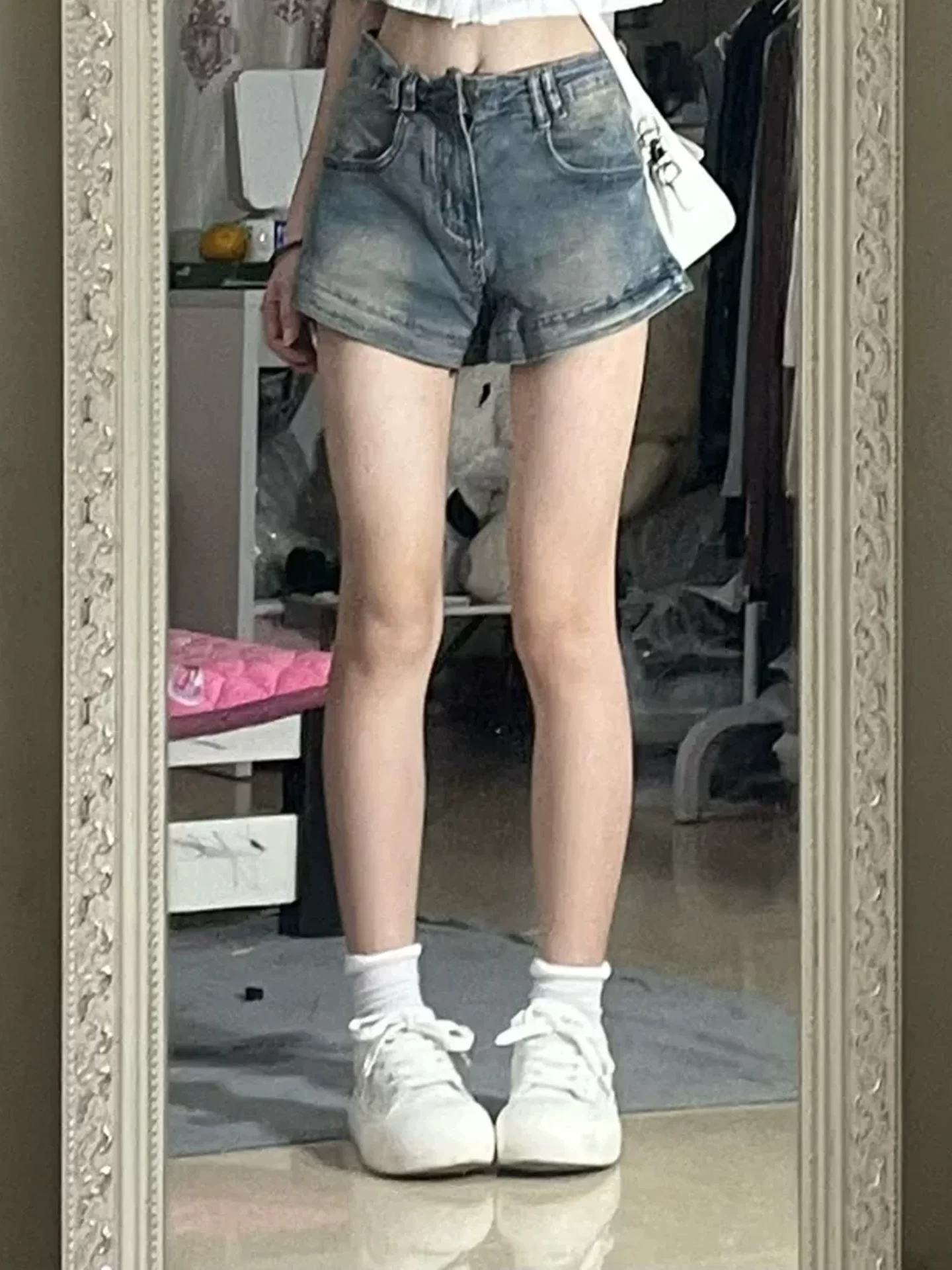 Quần short denim nữ cho mùa hè, mỏng, cỡ lớn, lưng cao, co giãn, che hông, nhỏ nhắn, tăng chiều cao, giảm béo, quần chữ A