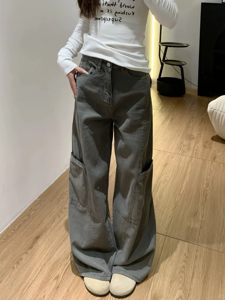 Quần jeans công sở màu xám đậm kiểu Mỹ dành cho nữ, xuân 2025, size lớn, cạp cao, dáng rộng, tôn dáng, ống thẳng, ống rộng