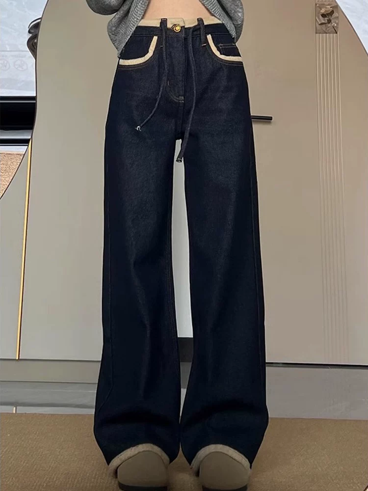Quần jean ống đứng dày màu xanh đậm lót lông cừu dành cho nữ, cỡ lớn mùa đông, cạp cao, giảm béo, tăng chiều cao, quần ống rộng rộng rãi.