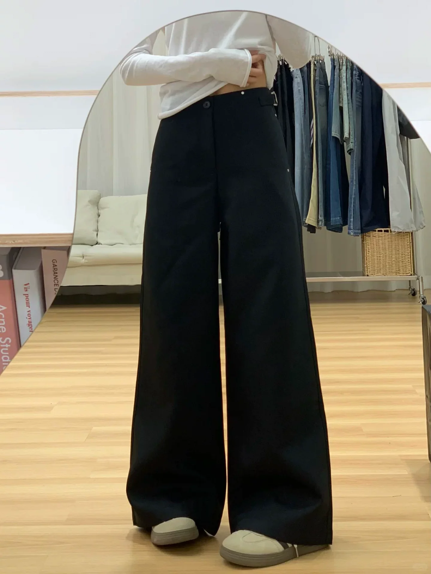 Quần âu đen nữ, kiểu dáng mùa hè, size lớn, cạp cao, rộng rãi, mềm mại, tôn dáng, quần ống rộng thẳng.