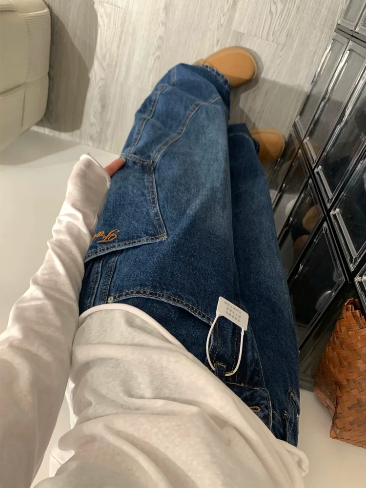 Quần jean kiểu cổ điển Mỹ dành cho nữ, cỡ lớn mùa xuân, cạp cao, dáng rộng, che hông, giảm béo, ống rộng, quần dài đến sàn