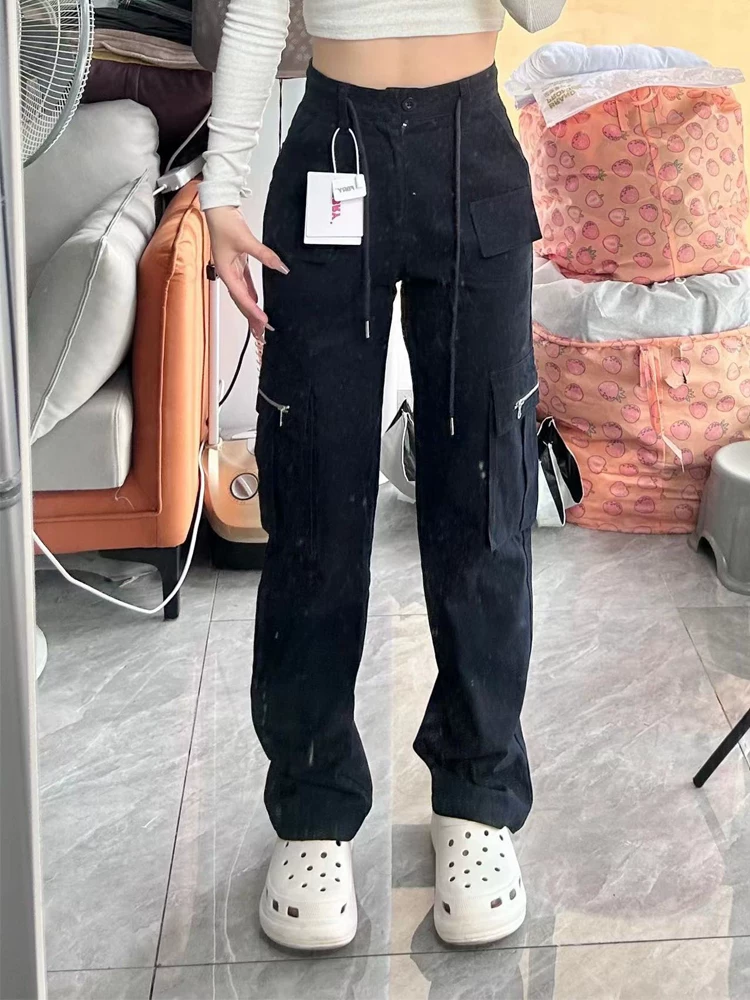 Quần cargo màu xanh hải quân dáng quả lê dành cho nữ, size lớn mùa hè, lưng cao, ống thẳng, dáng rộng, dáng suông, quần ống rộng thông thường