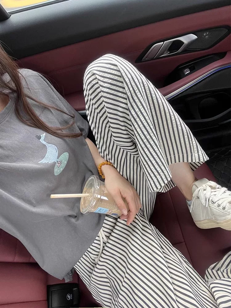 Quần sọc thường ngày dành cho nữ, kiểu dáng mỏng mùa hè, cỡ lớn, phong cách lười biếng, quần đi bộ, lưng cao, dáng rộng, xếp nếp, giảm béo, quần ống rộng.