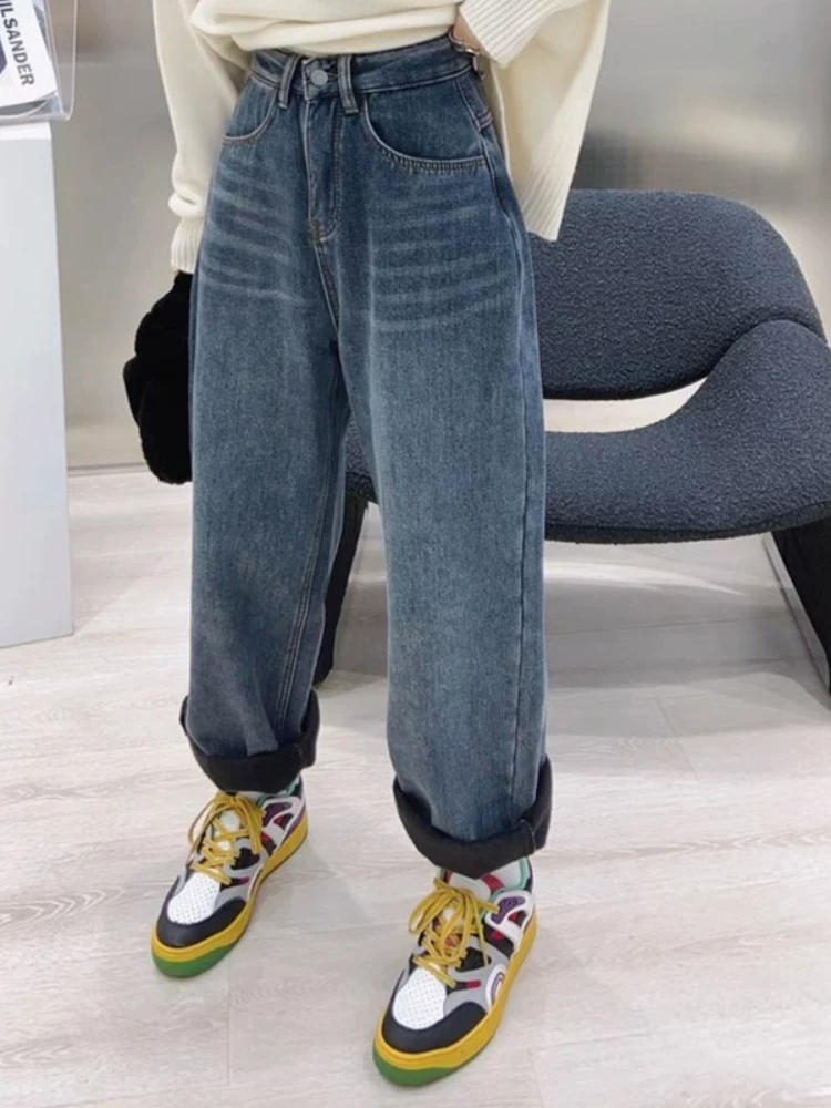 Quần jean ống thẳng dáng quả lê dành cho nữ, mùa thu đông, lót lông cừu, dày dặn, cỡ lớn, lưng cao, dáng rộng, giảm béo, quần bố.