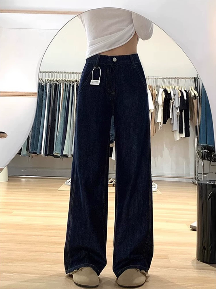 Quần jean ống thẳng màu xanh đậm dành cho nữ có thân hình quả lê, kiểu dáng mùa thu mới, cỡ lớn, lưng cao, dáng rộng, quần ống rộng giúp thon gọn.