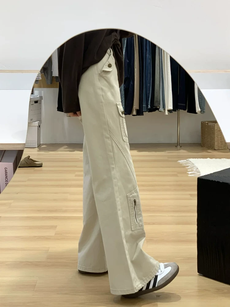 Quần cargo kiểu Mỹ cổ điển dành cho nữ, cỡ lớn mùa hè, lưng cao, dáng rộng, thon gọn, dáng quả lê, quần ống rộng