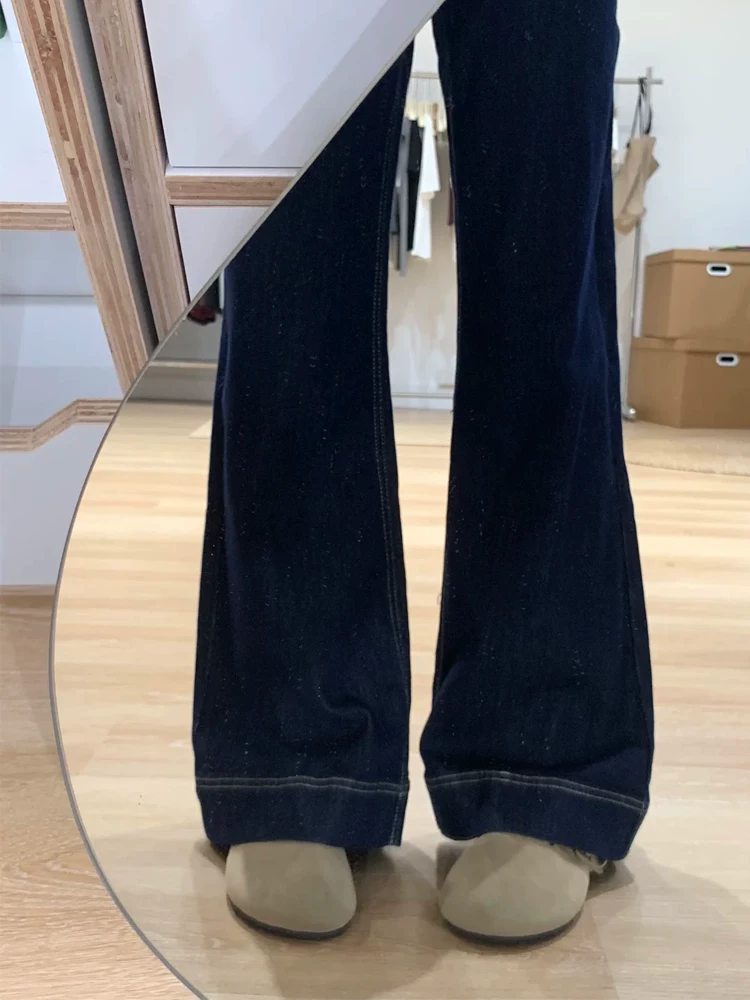 Quần jeans xanh denim dáng loe nữ xuân 2025 kiểu mới, size lớn, cạp cao, che hông, chất liệu mềm mại, tôn dáng, kiểu chuông