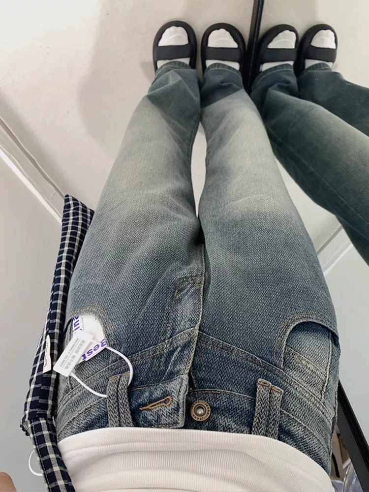 Quần jean ống thẳng họa tiết ngôi sao dành cho nữ có thân hình quả lê, đầu thu, cỡ lớn, lưng cao, dáng rộng, dáng thon gọn, ống rộng, quần dài chạm sàn