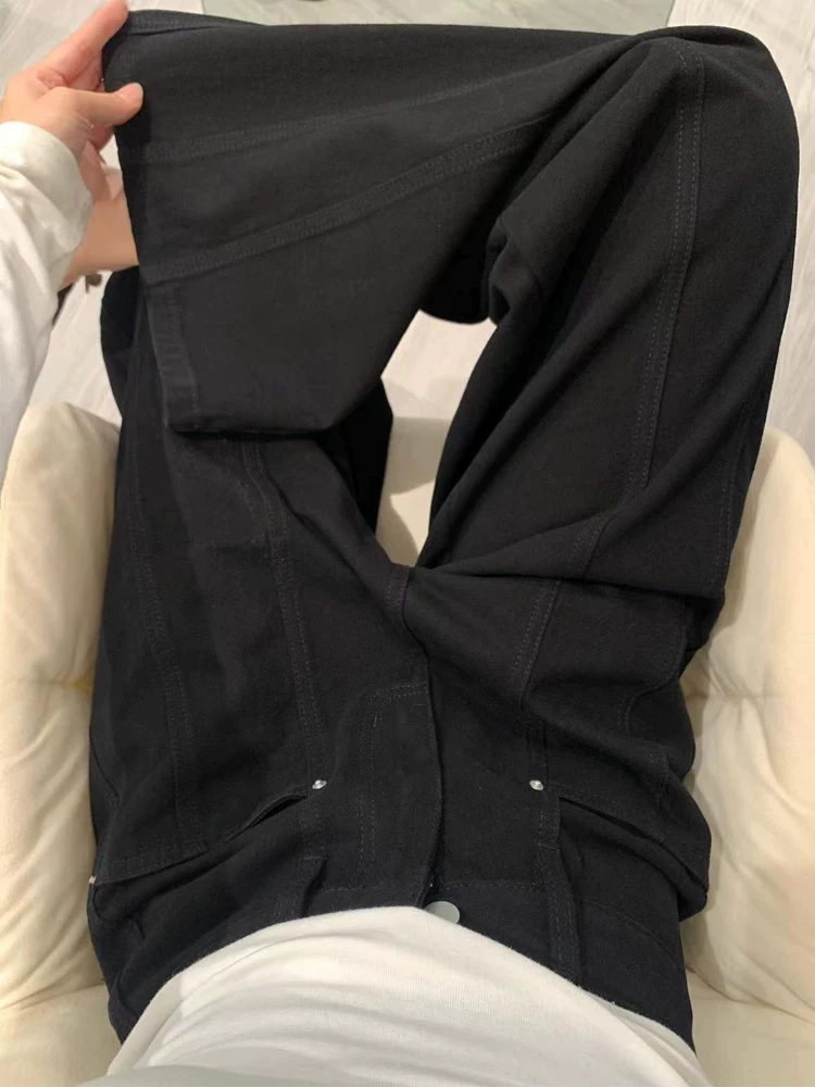 Quần jeans đen dáng thẳng nữ mùa thu đông 2024, size lớn, cạp cao, rộng rãi, tôn dáng, kiểu dáng chữ A, ống rộng