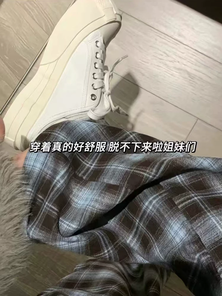 Quần âu nữ kẻ ca rô dày dặn lót lông cừu, mùa thu đông 2024, size lớn, cạp cao, dáng rộng, suôn mềm, tôn dáng, ống rộng